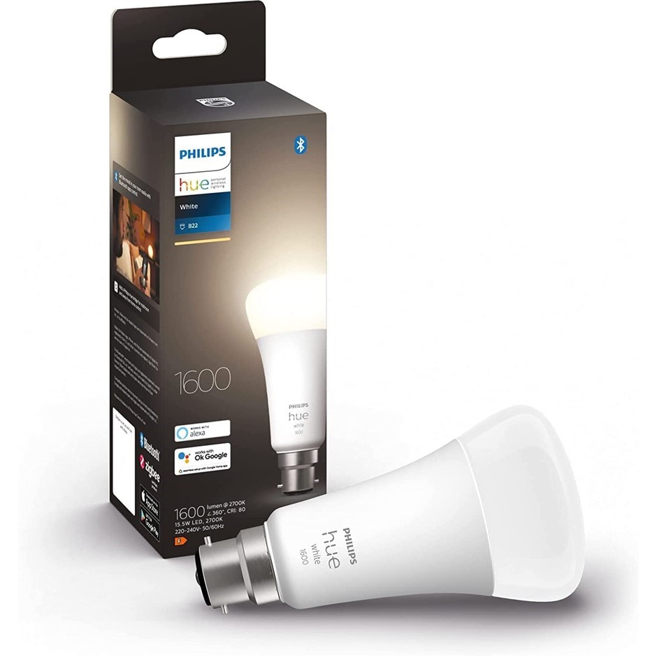 PHILIPS Hue White A67 100W Smart Bulb, 1600 Lumens, B22 Fitting, 9290023350