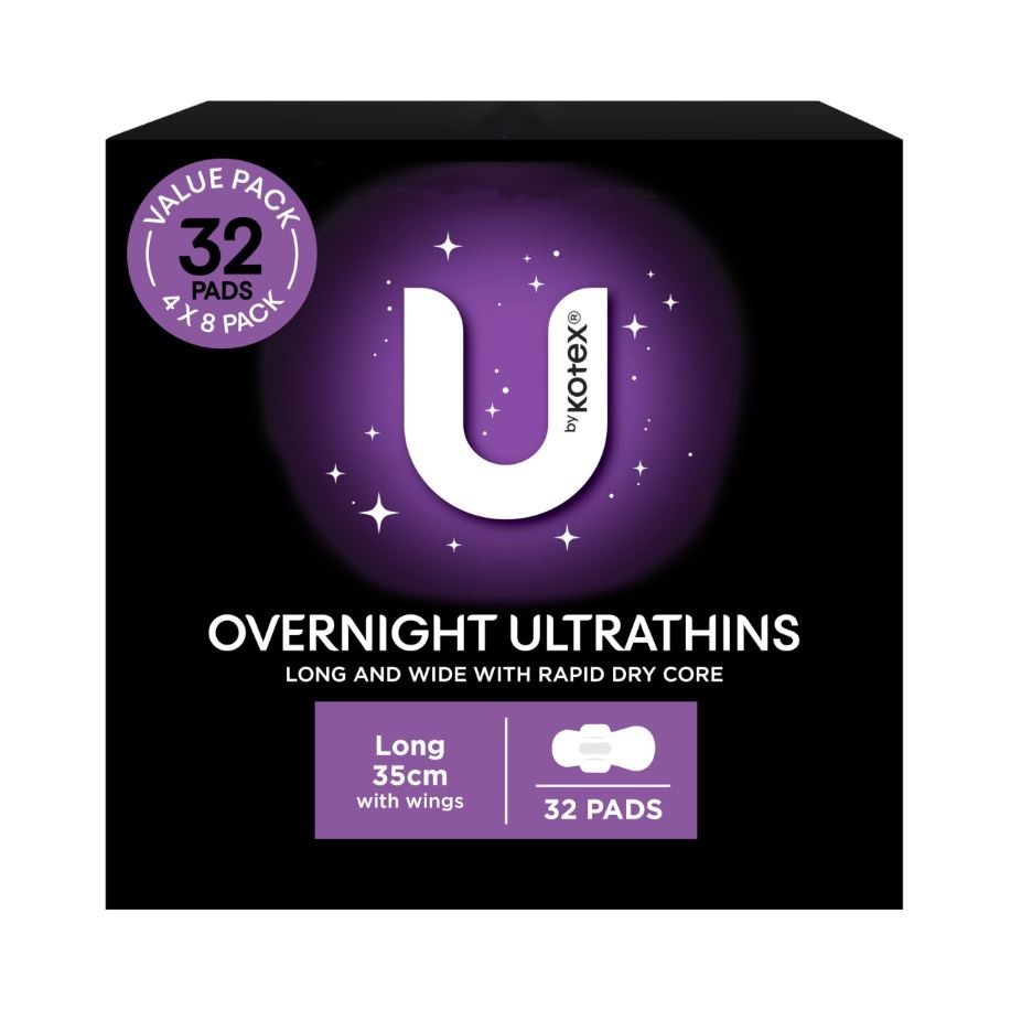 Box of 32pc U BY KOTEX Overnight Ultrathins Pads Long w/ Wings.