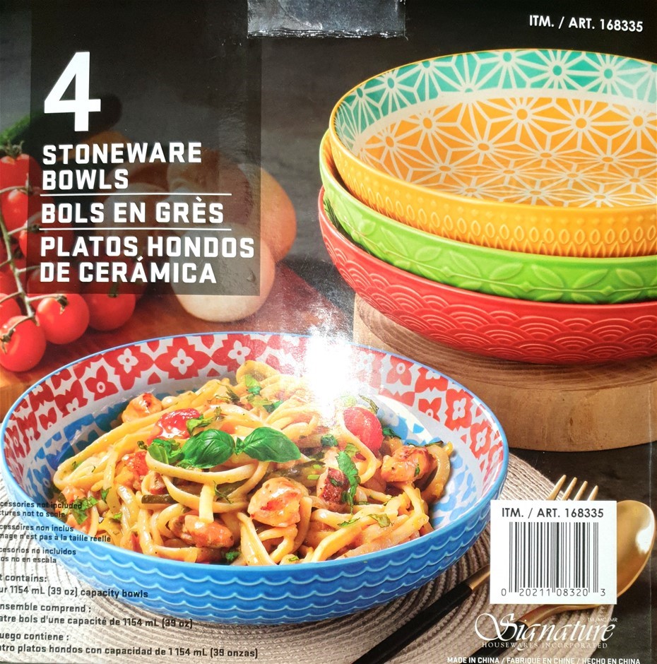 SIGNATURE HOUSEWARES 4 Stoneware Bowls, Variety Colours. N.B: Damaged packa