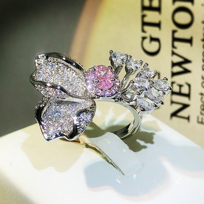 Elegant 18K Triple White Gold plated Lab Simulated Pink Diamond Ring Size 7