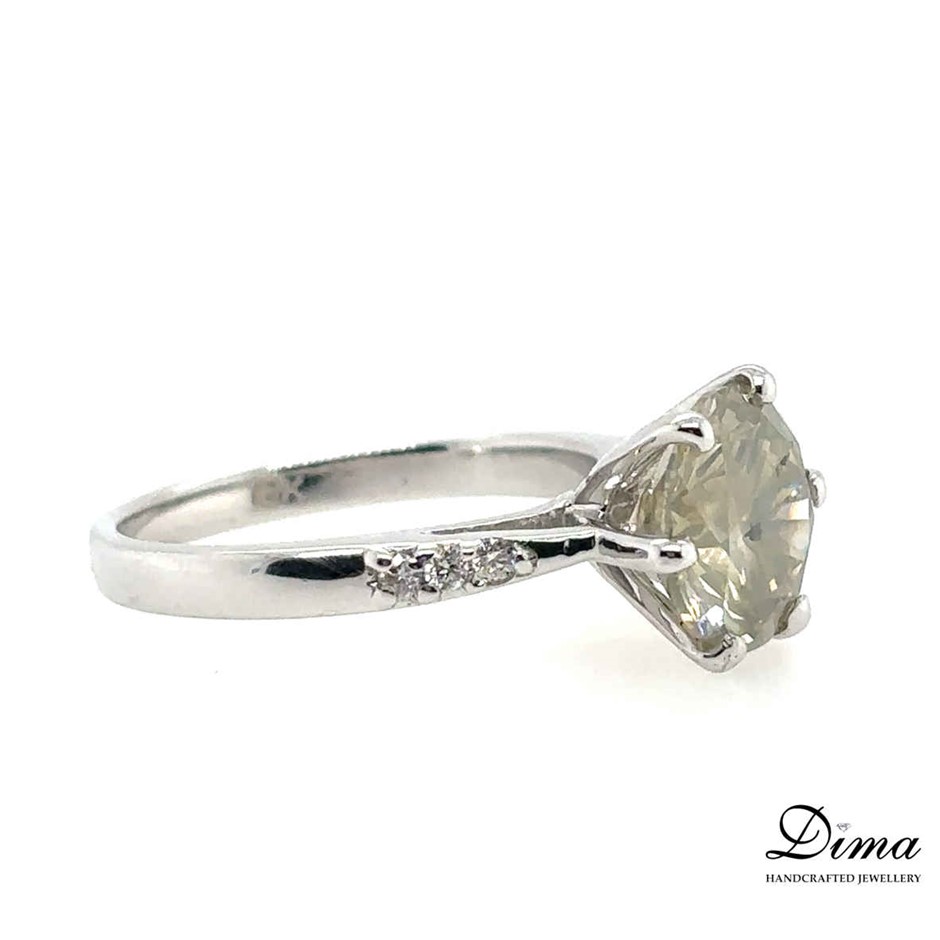 3.05Ct P1/Greenish Brownish Yellow Diamond & 0.07Ct Diamond Ring 18K White