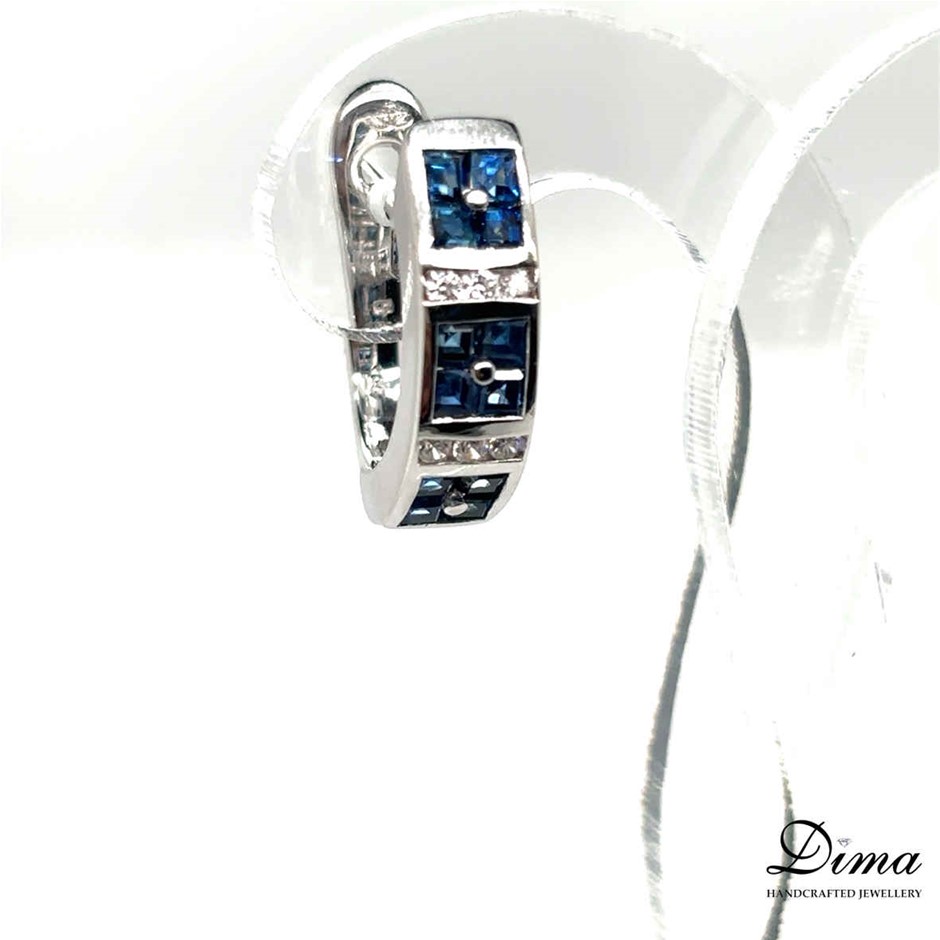 14K White Gold Earrings Natural Sapphire & Colourless Gems