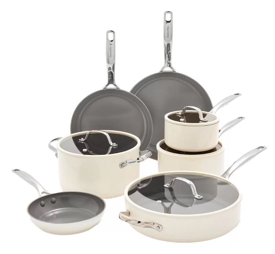 GREENPAN 11pc Eras Ceramic Non Stick Cookware Set, White. NB: Minor use, no