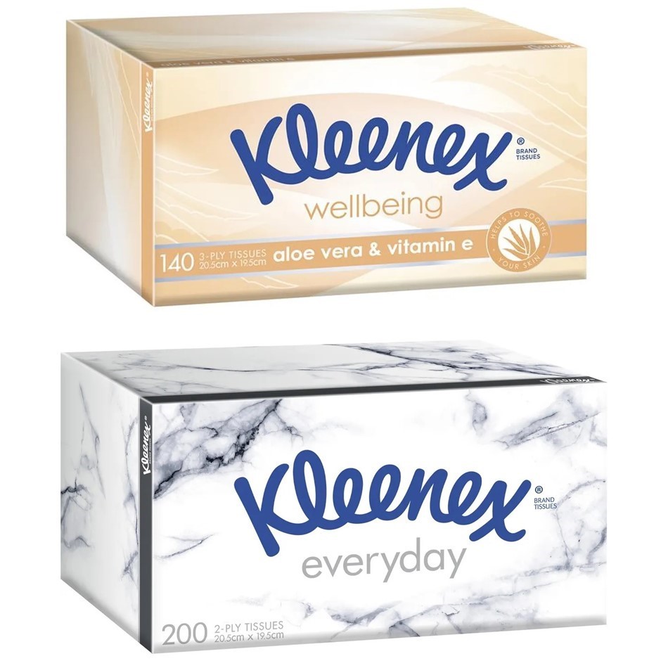 16 x Assorted KLEENEX Tissues, inc: 8pk Aloe Vera + Vitamin E & 8pk Everyda