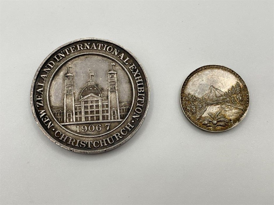 2 x Exhibition medals incl. NZ & New Plymouth, Circa 1904,06-07, silver