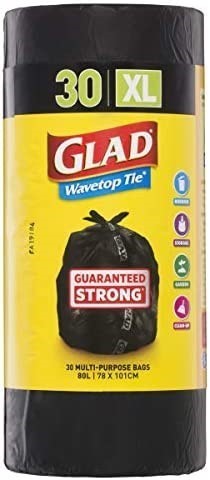 6 x Roll of 30pc GLAD Wavetop Tie Garbage Bags, 100cm x 78cm Size XL, Black