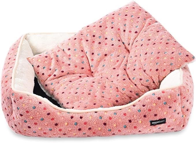 AMAZON BASICS Cuddler Pet Bed, SIze Small, 47L x 37W x 17H cm, Pink Polka D