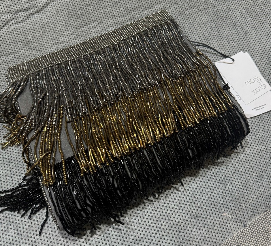 FROM ST XAVIER Agatha Beaded Fringe Evening Bag Bridal Clutch, Black/Grey.
