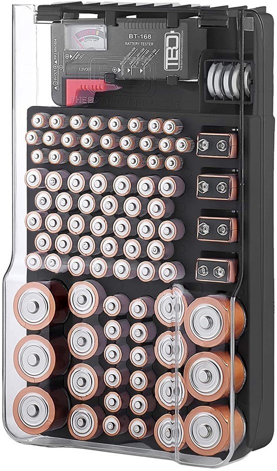 THE BATTERY ORGANIZER Storage Case with Hinged Clear Cover, Includes a Remo