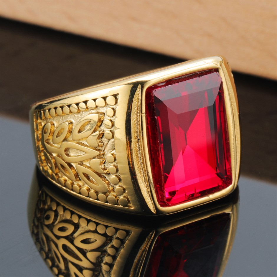 18k Yellow Triple Gold Plated Simulated Ruby Round Ring Size 9