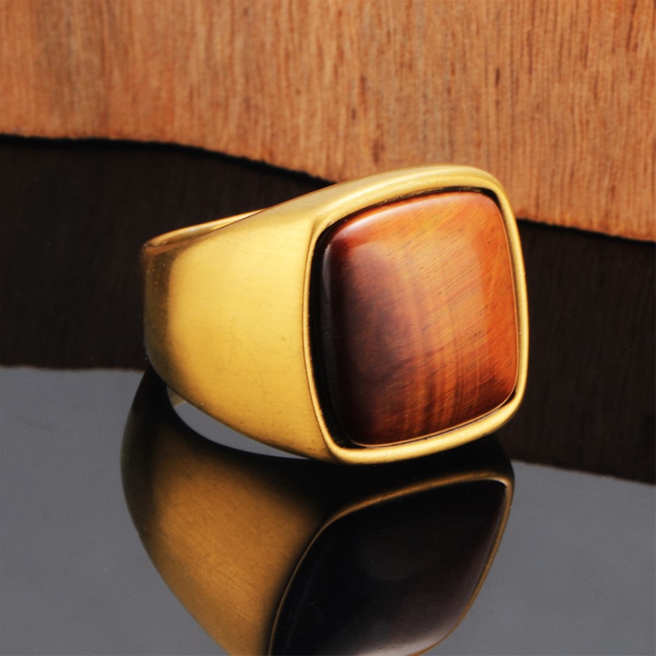 18k Yellow Triple Gold Plated Square Brown Stone Wedding Ring Ring Size 9