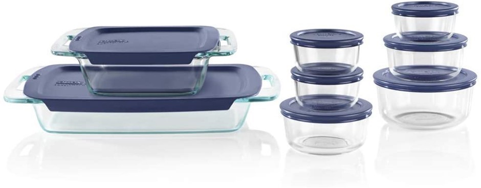 PYREX Easy Grab Glass Bake 'N Store Glass Food Containers with Blue BPA Fr
