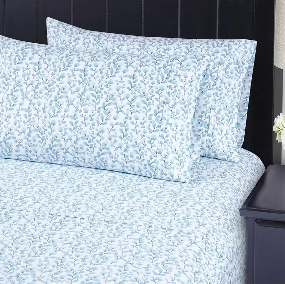 SOUTH POINT 6pc Sheet Set, Queen, Soft Leaves Blue. NB: Not in original pac