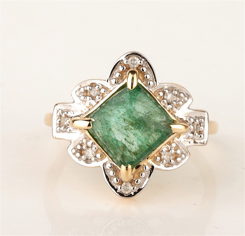 Created Emerald and Diamond Ring 9ct Yellow Gold main image 0