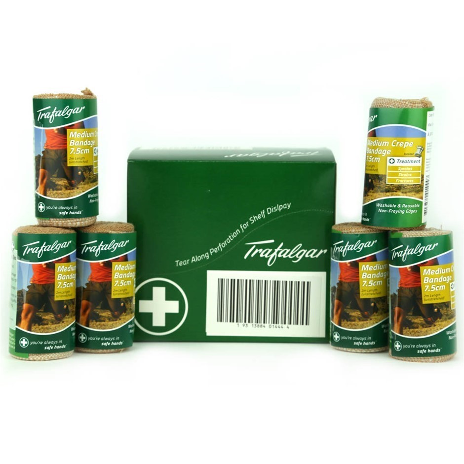 6 Packs x TRAFALGAR 6pc Medium Crepe Bandages 7.5cm, 2M Length.