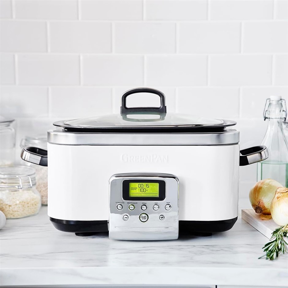 GREENPAN Slow Cooker Cloud Cream, 6L Dishwasher safe pot, Vibrant LCD displ