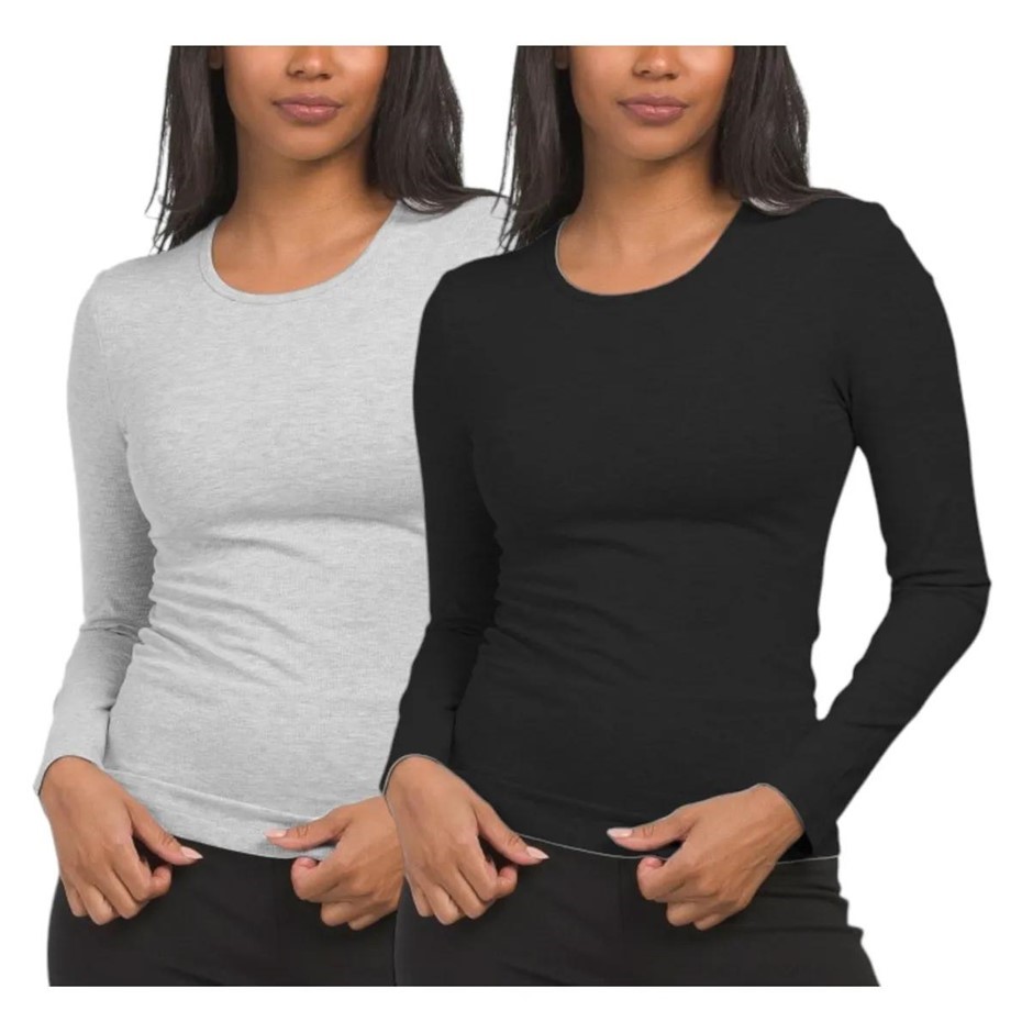 2-Pack YOGALICIOUS Women's Long Sleeve Heavenly Ribbed Tee, Size M, Grey/Bl