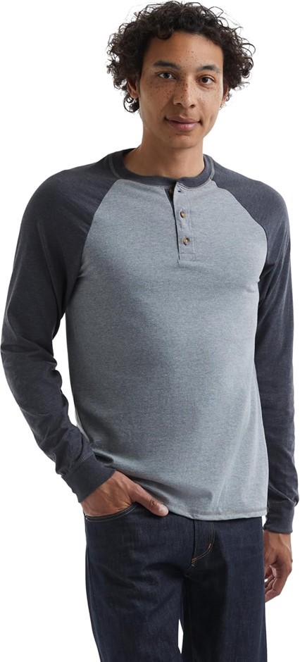 HANES Men's Beefy Soft Henley, Size 3XL, 60% Cotton, Oxford Grey/Navy Heath