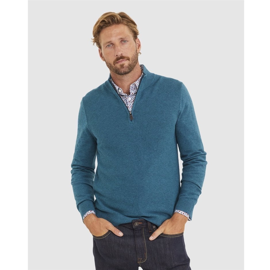 SPORTSCRAFT Men's Quarter Zip Sweater, Size L, 100% Cotton, Mountain Blue,