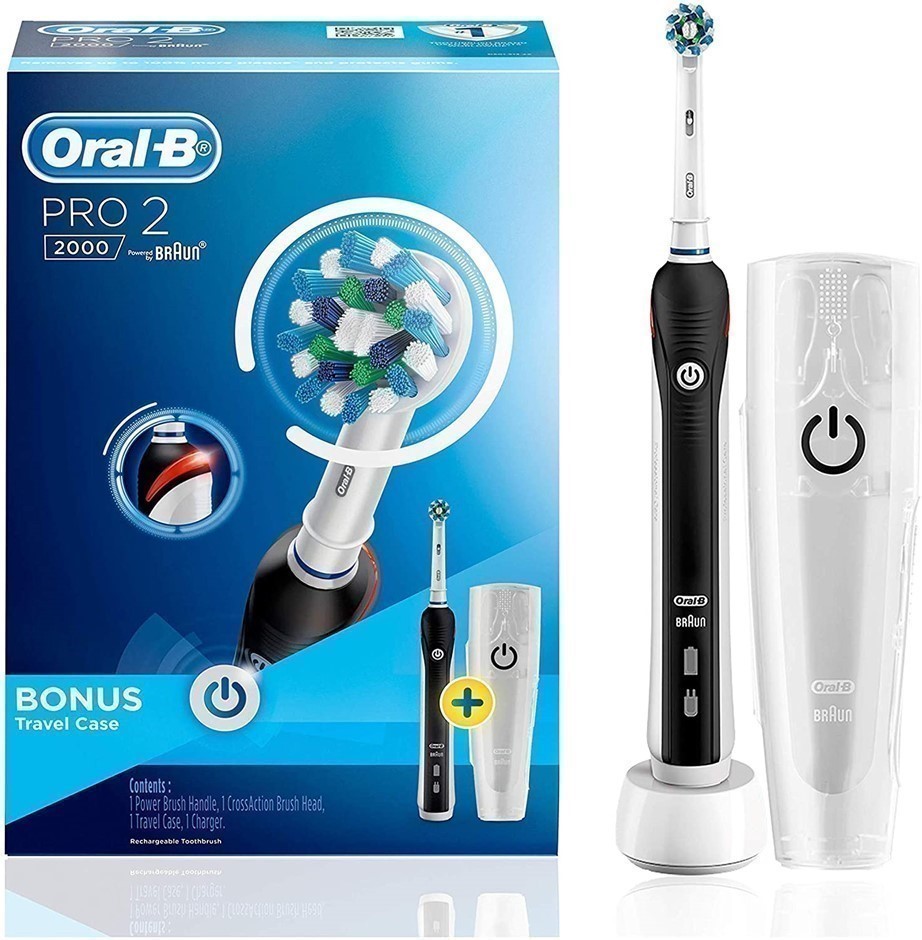 ORAL-B Pro 2000 Electric Toothbrush + Travel Case, Colour: Midnight Black.