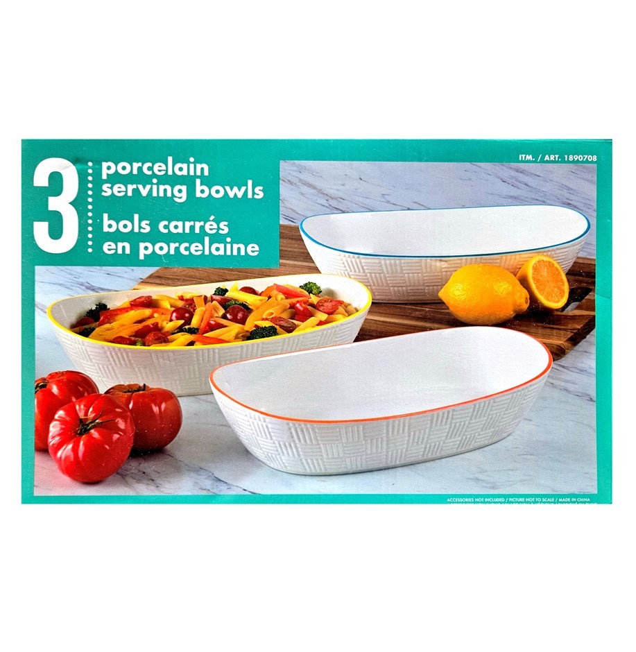 SIGNATURE 3pc Porcelain Wide Serving Bowls. N.B: Damaged packaging.