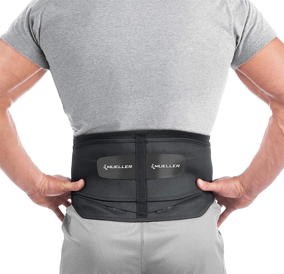 MUELLER Lumbar Support Back Brace w/ Removable Pad, Regular 28"-50", Black.