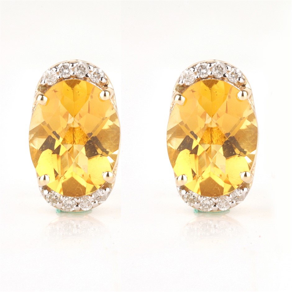 Yellow Gold Natural Citrine & Diamond Earrings  with Valuation