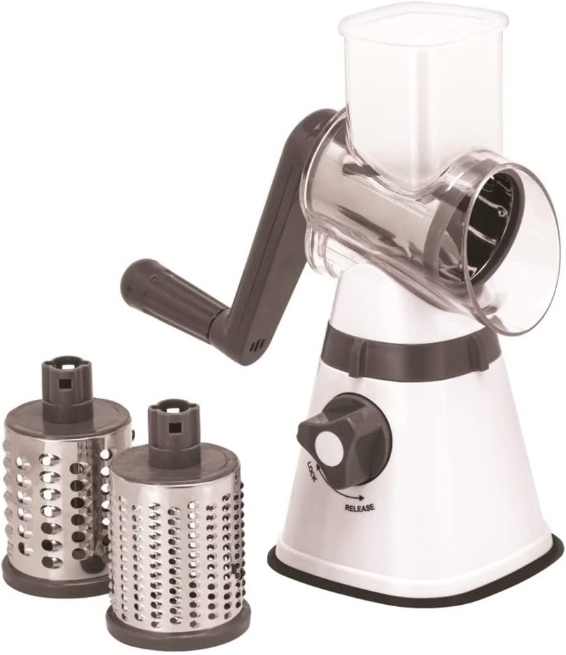 AVANTI Table Top Drum Grater, 3 Interchangeable Drum Blades, Grey/White, 12