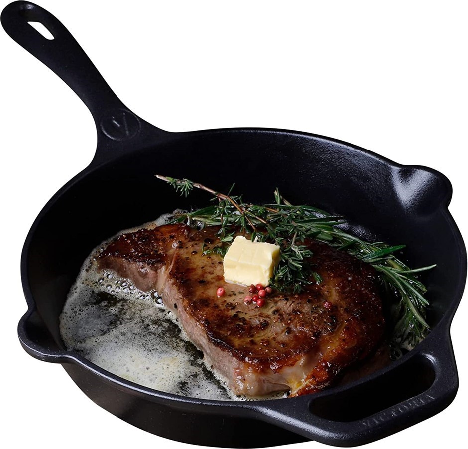 VICTORIA Cast Iron Skillet Frypan, Seasoned, Longer Handle, Medium, 25.4 cm