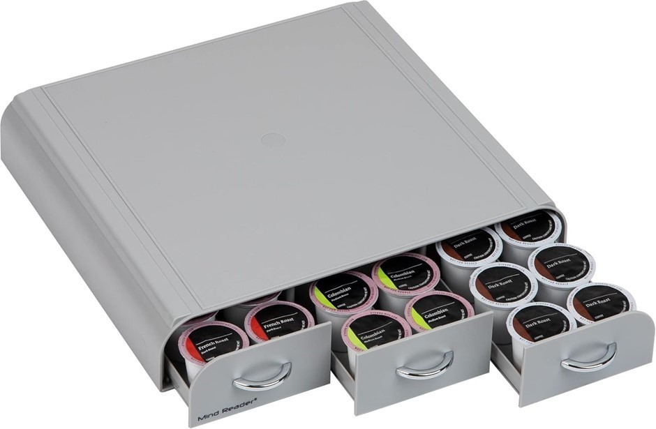 MIND READER Triple Drawer Single Serve Coffee Pod Holder, Grey.