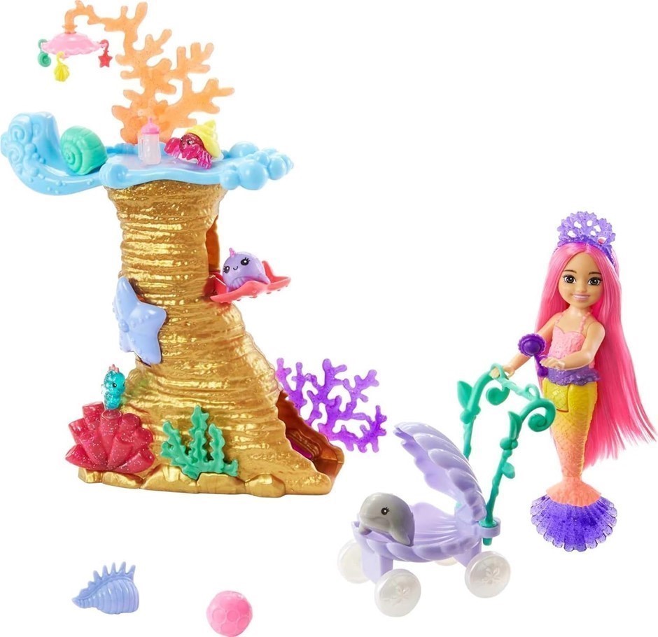 2 x BARBIE Mermaid Power Doll & Playset, Chelsea Mermaid Doll with 4 Sea An