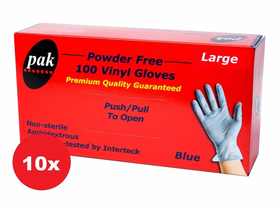 10 x Pack of 100pc PAK Disposable Vinyl Gloves, Latex Free, Large. N.B: Dam