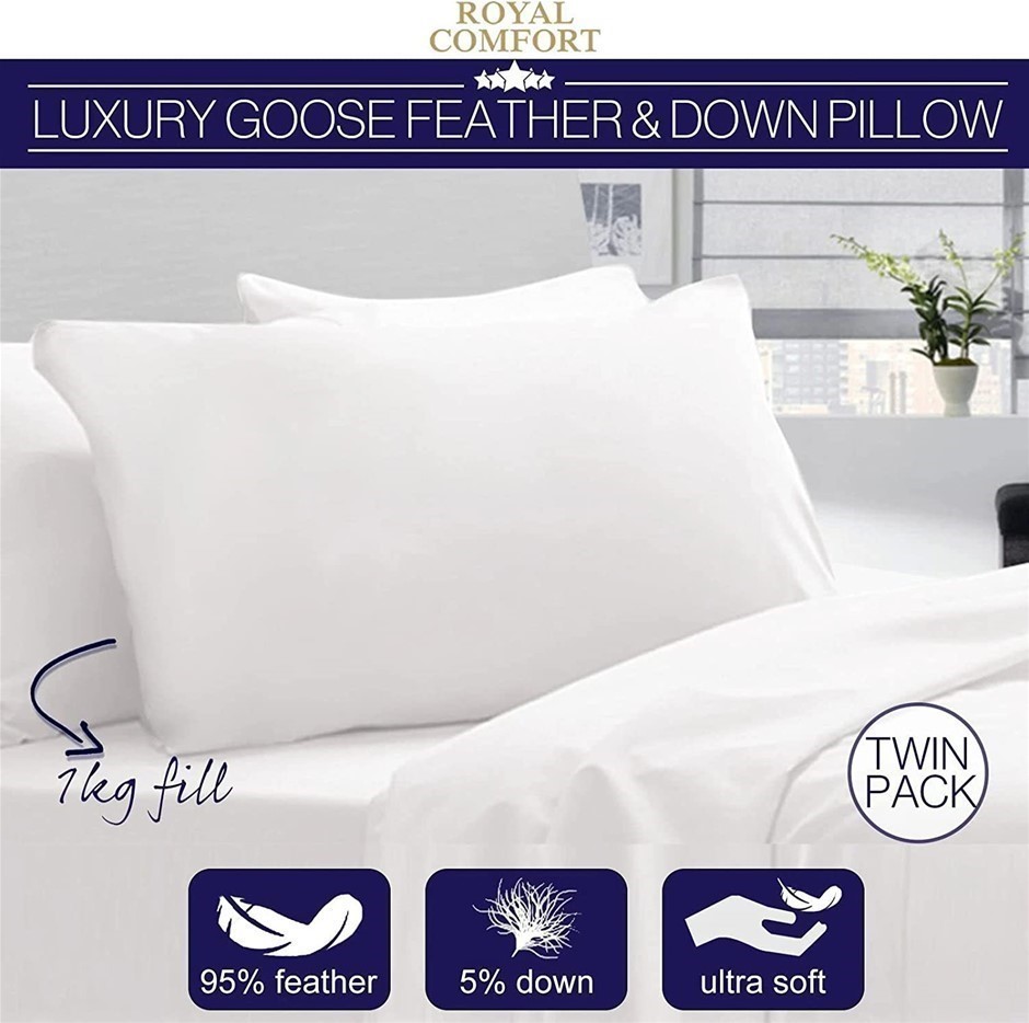 ROYAL COMFORT Luxury Goose Feather & Down Pillow, 2pk, White.