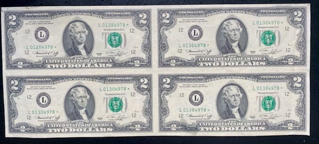 1976 US $2 Bill - Uncut sheet of 4