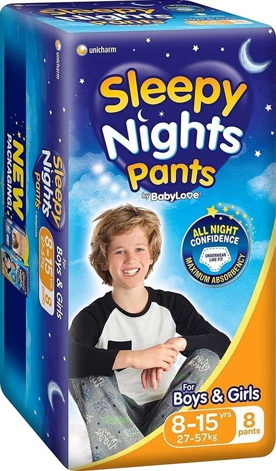 2 x BABYLOVE SleepyNight Pants, Size 8-15yrs (27-57kg), 32 Nappies (4x 8pac