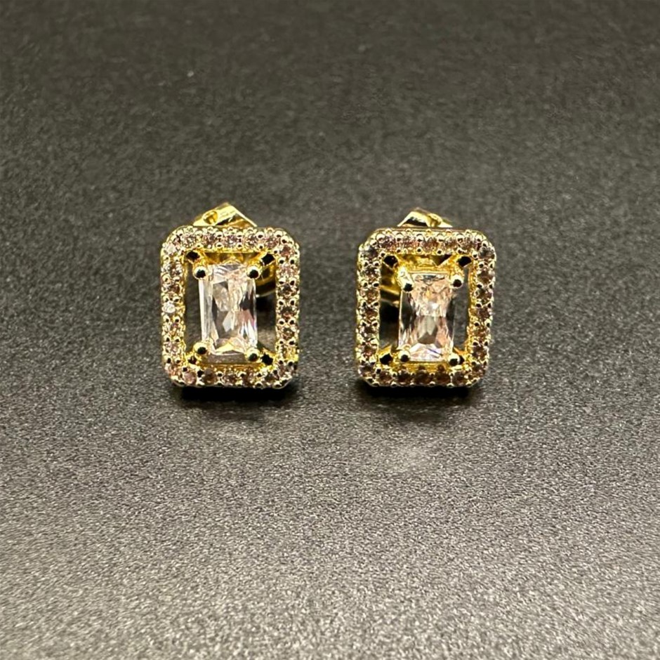 Designer Simulated Diamond Rectangular Earrings in Gold