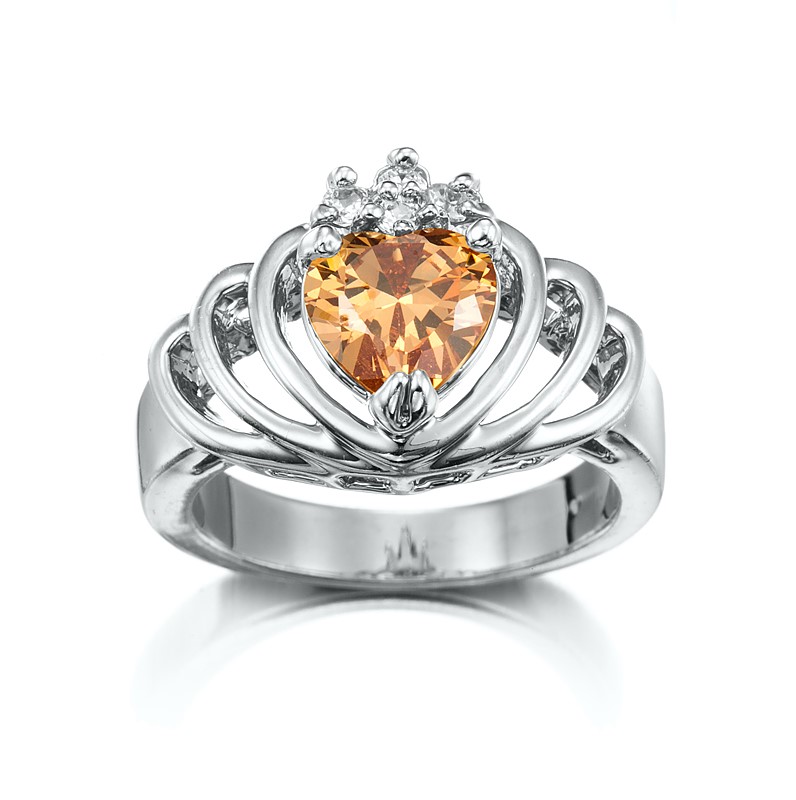 Stunning Rhodium Plated Champagne Crown Heart Ring - US Size 7