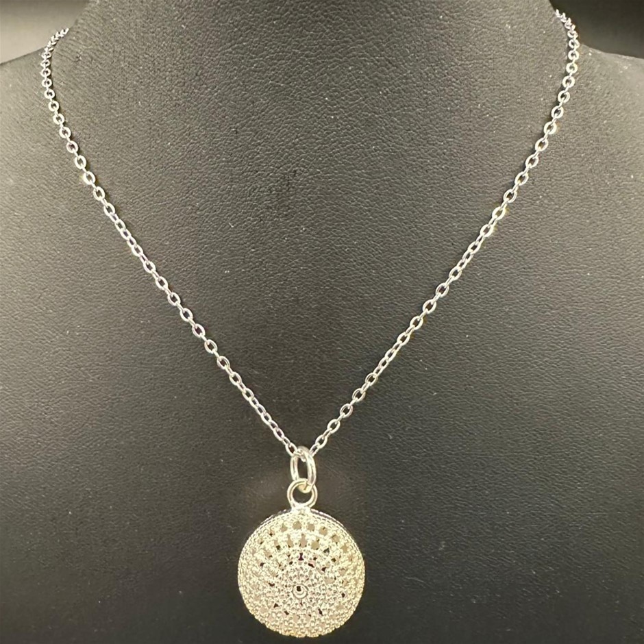 Designer Simulated Diamond Round Pendant Necklace in Silver