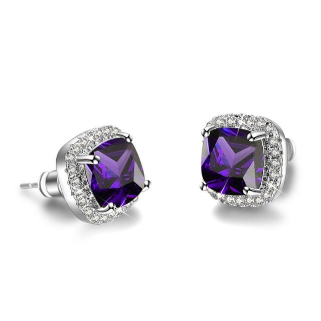 Stunning Square Simulated Diamond Bridal Stud Earrings - Purple