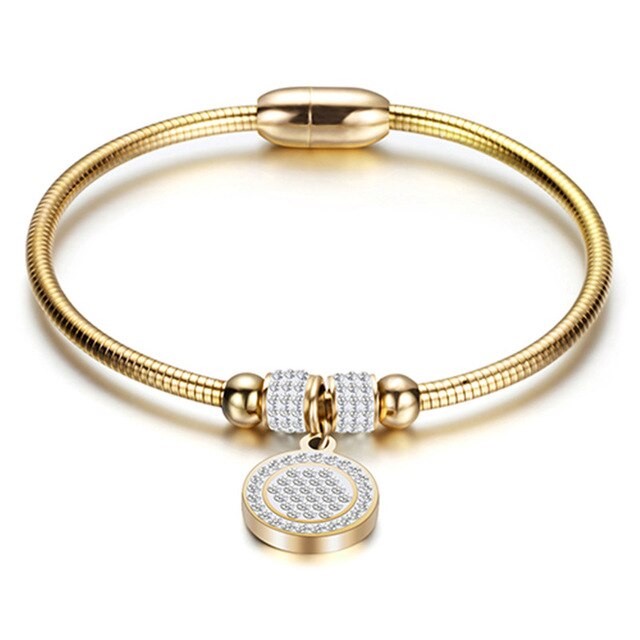 Classy Snake Bangle Featuring a Simulated Diamond Circle Charm in Yellow