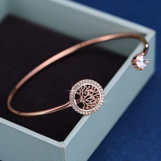 Simulated Diamond "Tree of Life" Cuff Bangle - Rose