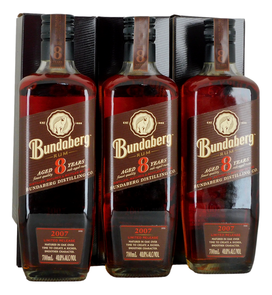 Bundaberg Rum 8 Year Old (First Release) 2007 (3x 700mL), QLD.