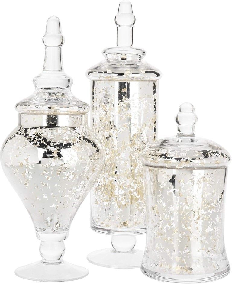 MYGIFT Set of 3 Silver Mercury Glass Apothecary Jars, Weddings Centerpiece