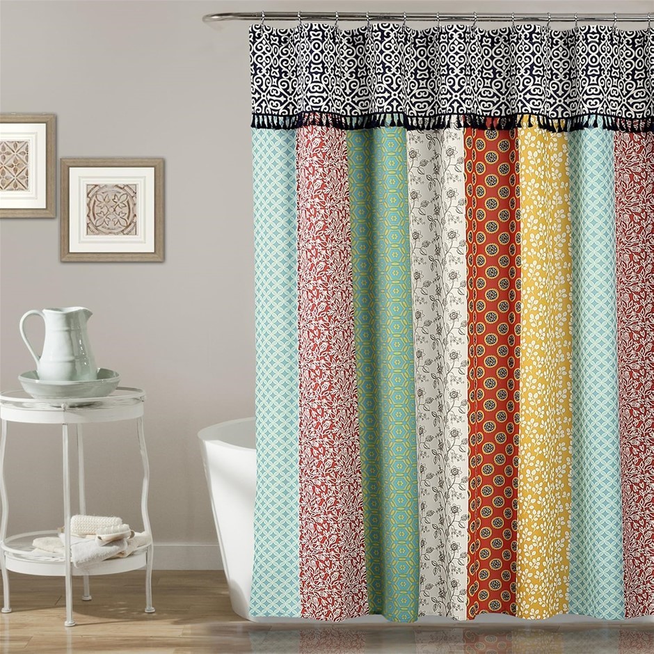 2 x LUSH DECOR Boho Patch Shower Curtain-Fabric Bohemian Colorful Print Ver