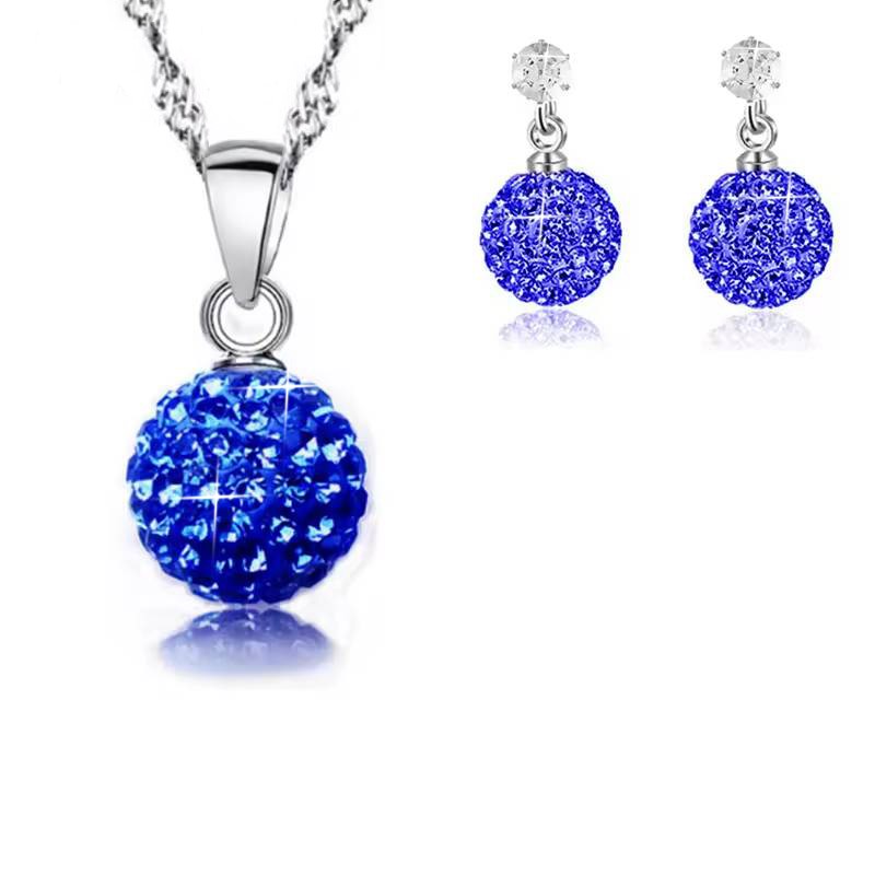 925 Sterling Silver Royal Blue Crystal Disco Ball Earring & Necklace Set