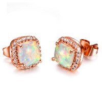 Stunning Square Simulated Opal Bridal Stud Earrings in Rose