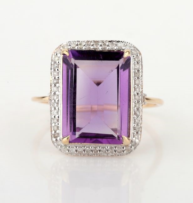 Yellow Gold Natural Amethyst & Diamond Ring with Valuation