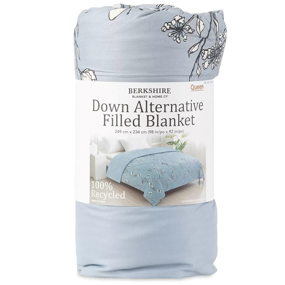 BERKSHIRE Down Alternative Blanket, Queen, Blue/White Floral. NB: Not in or
