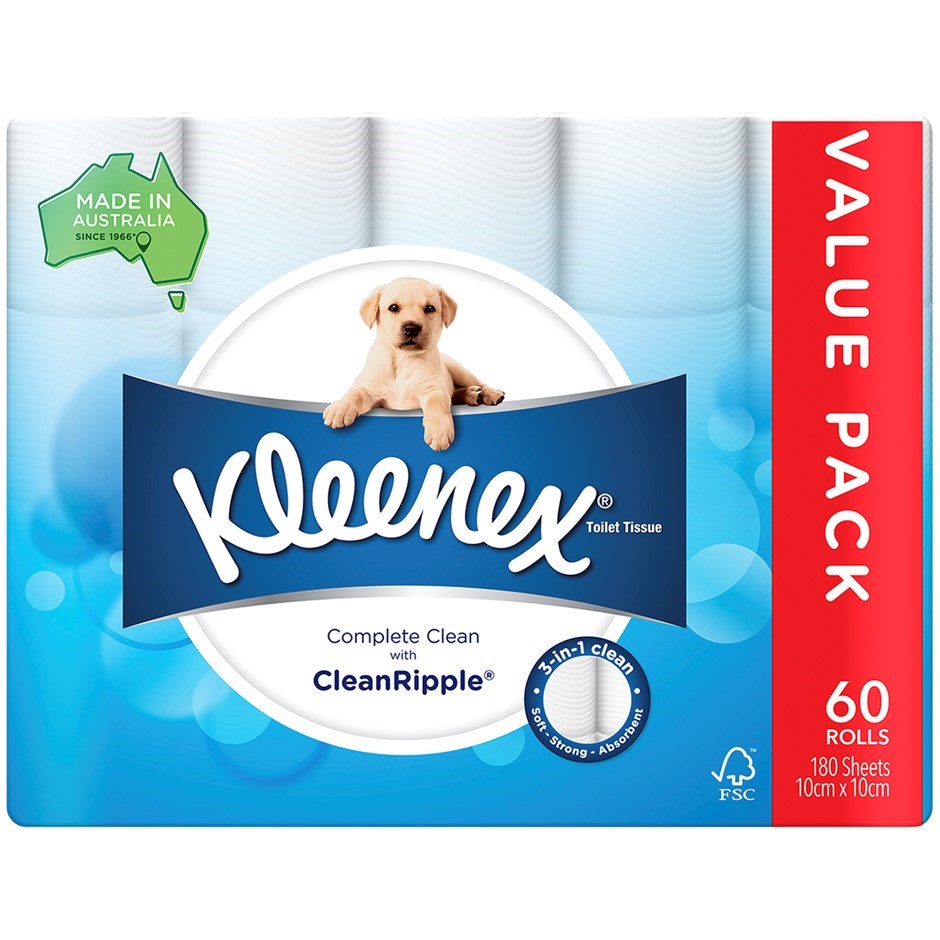 KLEENEX 60pk Toilet Paper, Complete Clean, 180 Sheets. N.B. Some rolls are