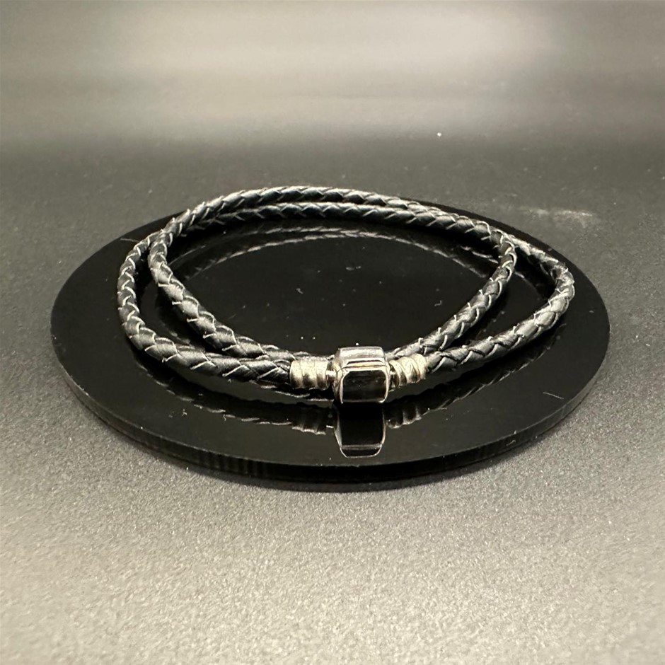Designer Double Crossover Silver Ball Chain Bracelet in Black Leather